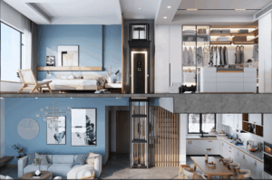 Modern, stylish bedroom with a walk-in closet and elegant design.