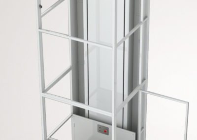 A white lift with two levels and one level open.