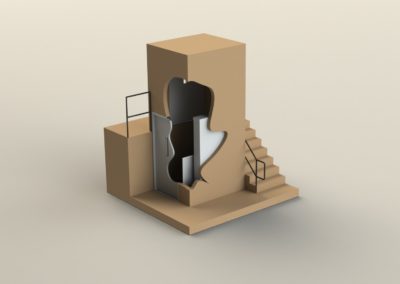 A cardboard box with stairs and a door open.